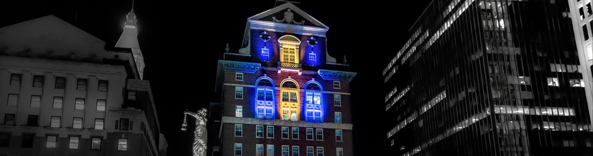 Illuminated classic Building from Aquiline Drones Office at Hartford, Connecticut, in United States